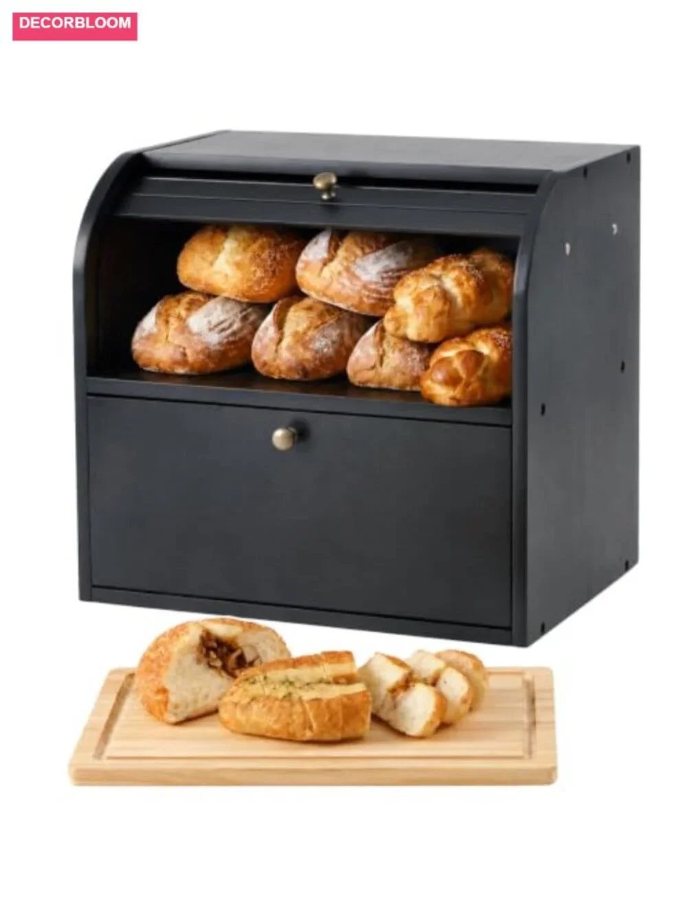 Wooden Roll Top Bread Box for Kitchen Countertop, 2-Tier Pine Storage